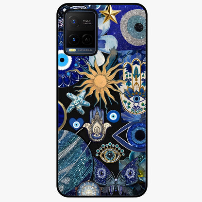 Evil Eye Charm Mix Glass Case showing flat back view with multiple evil eye charms artwork and glossy glass finish.