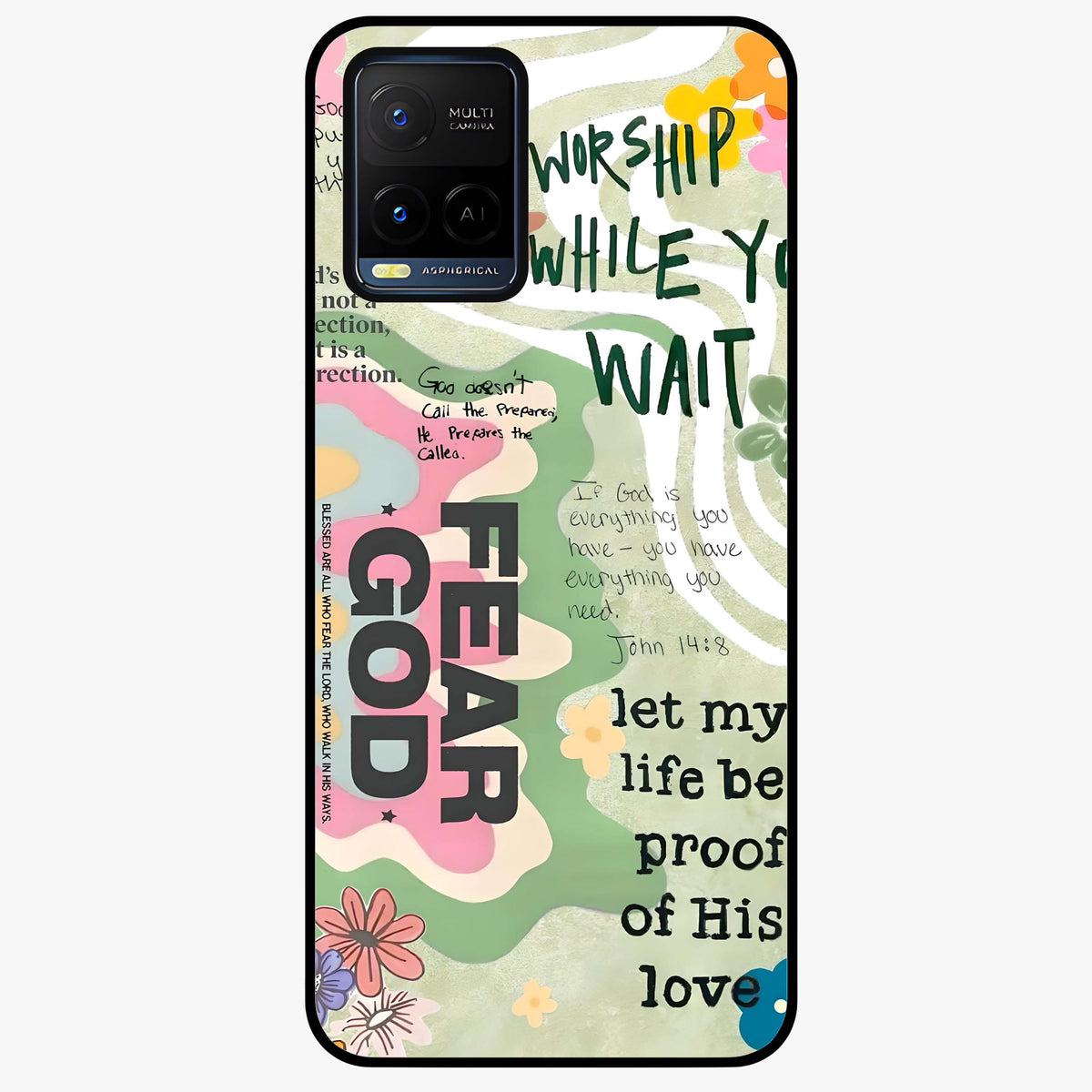 Faith Over Fear Glass Case showing flat back view with motivational typography artwork and glossy glass finish.