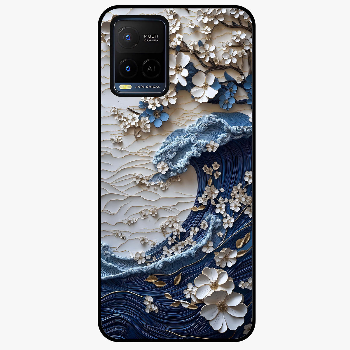 Floral Wave Origami Glass Case showing flat back view with origami inspired floral wave artwork and glossy glass finish.