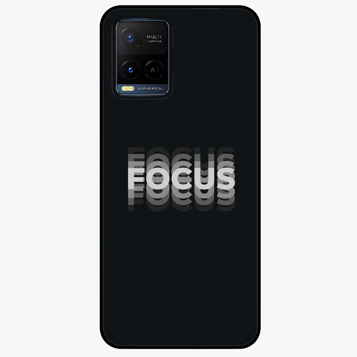Focus Mode On Glass Case showing flat back view with bold motivational typography design and glossy glass finish.