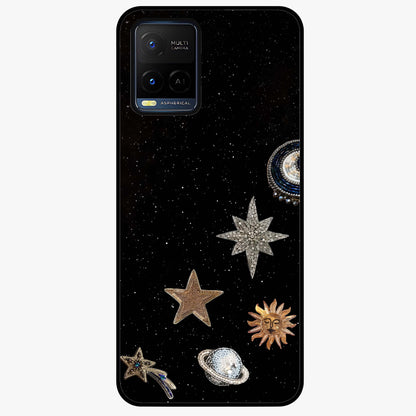 Galactic Charm Glow Glass Case showing flat back view with glowing celestial charm artwork and glossy glass finish.