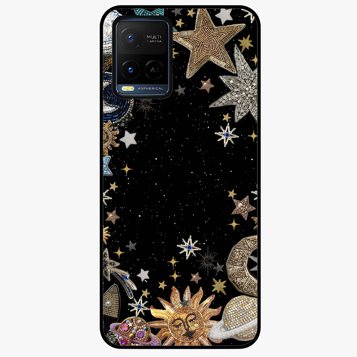 Galactic Jewel Stars Glass Case showing flat back view with sparkling star jewel artwork and glossy glass finish.