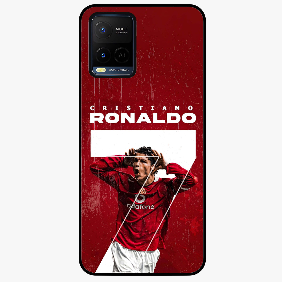 Goal Celebration Legacy Glass Case showing flat back view with football celebration inspired artwork and glossy glass finish.