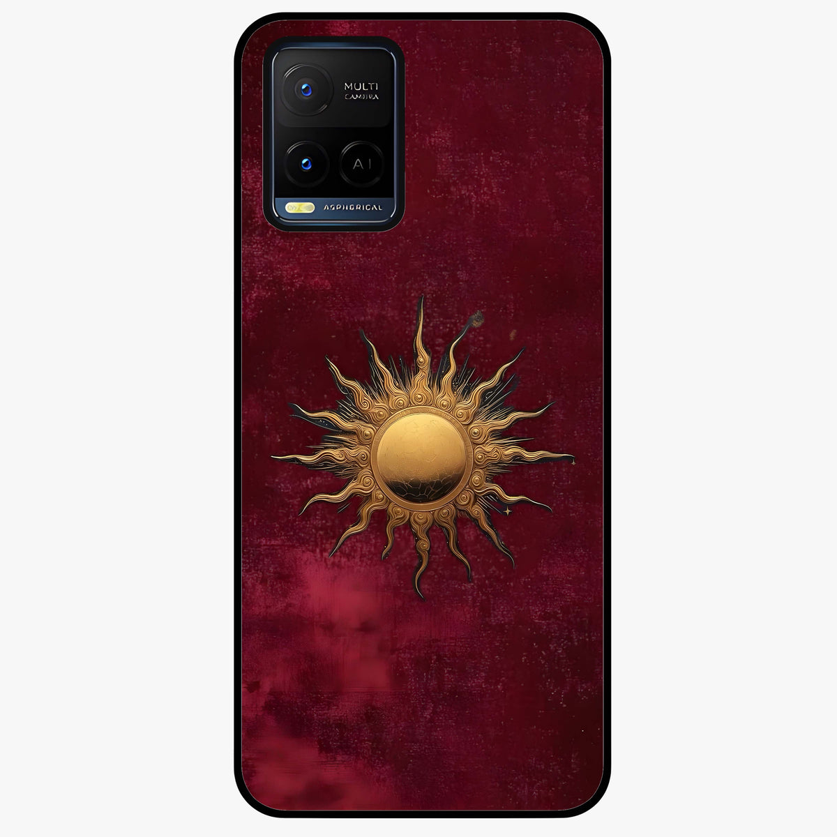 Gold Sun Blush Glass Case showing flat back view with golden sun inspired artwork and glossy glass finish.