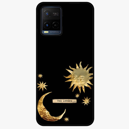Golden Celestial Charm Glass Case showing flat back view with golden celestial charm artwork and glossy glass finish.