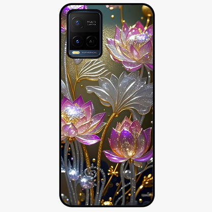 Golden Lotus Glow Glass Case showing flat back view with glowing lotus flower artwork and glossy glass finish.