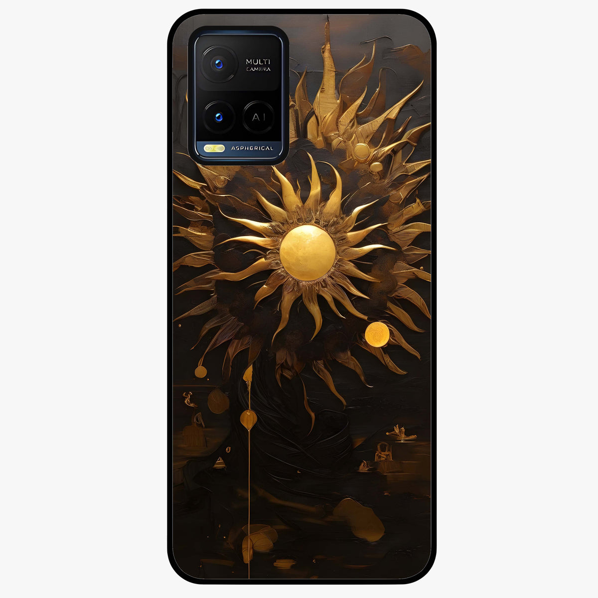 Golden Sun Majesty Glass Case showing flat back view with radiant golden sun artwork and glossy glass finish.