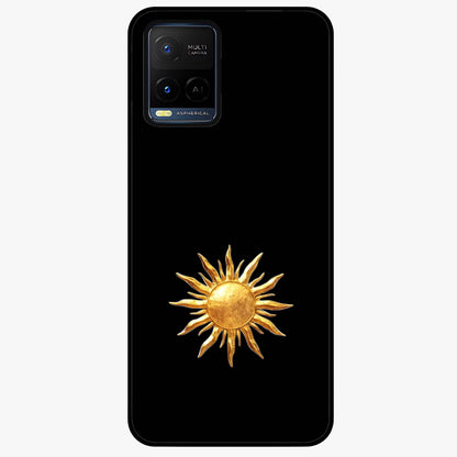 Golden Sun Minimalism Glass Case showing flat back view with minimal golden sun artwork and glossy glass finish.