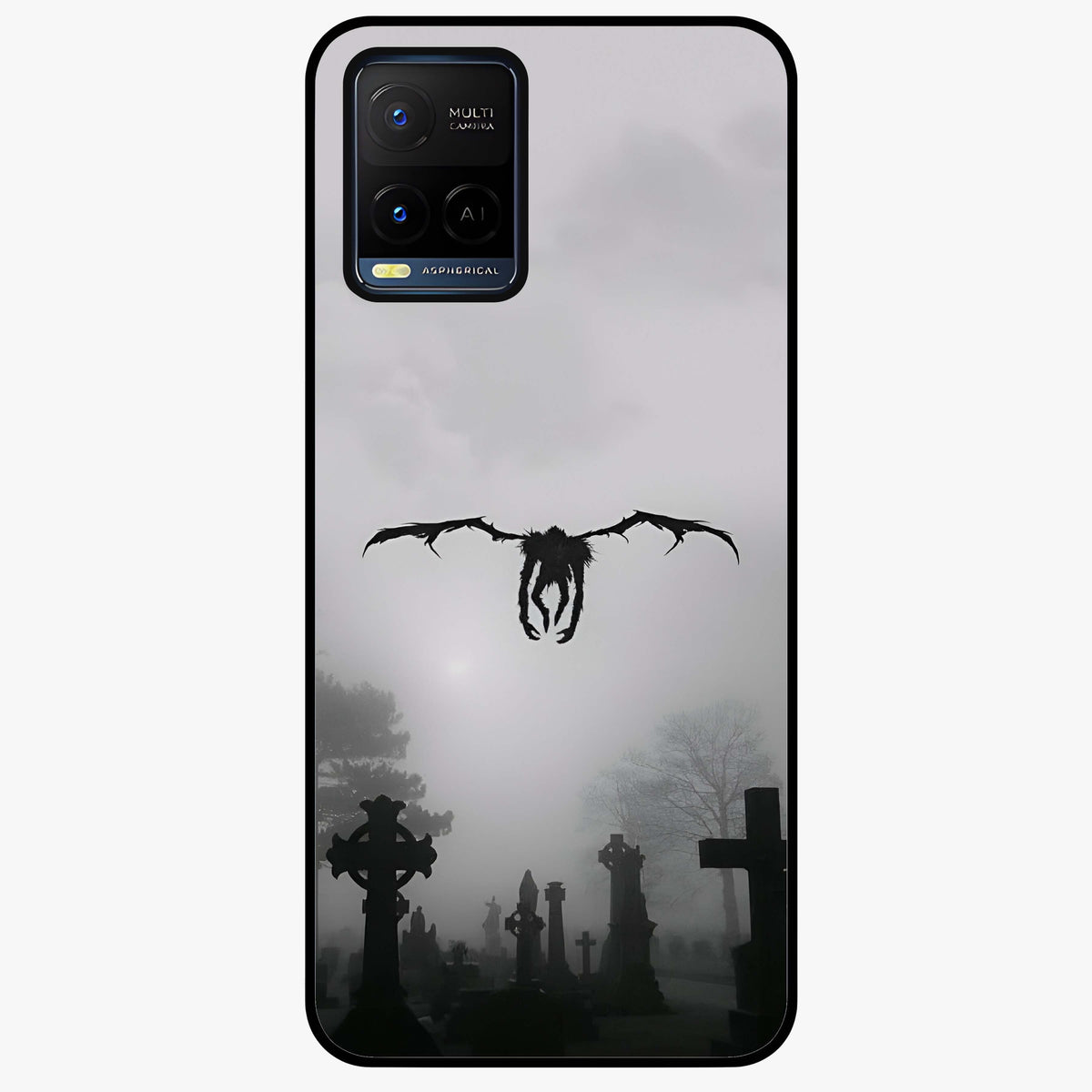 Graveyard Shadow Descent Glass Case showing flat back view with dark graveyard themed artwork and glossy glass finish.