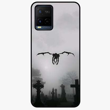 Graveyard Shadow Descent Glass Case showing flat back view with dark graveyard themed artwork and glossy glass finish.