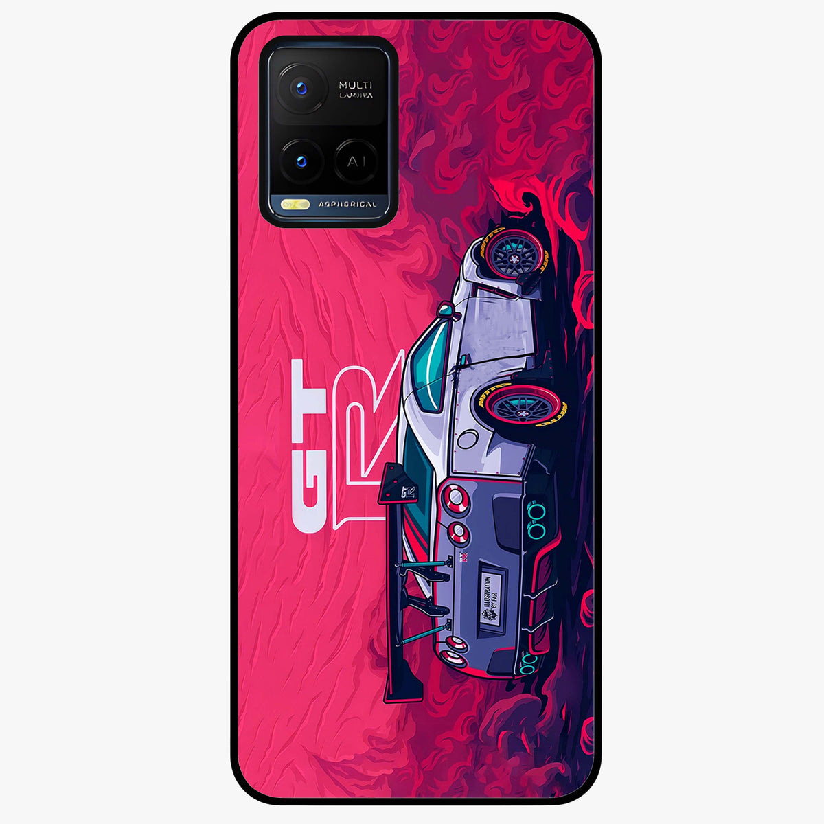 GT-R Car Pattern Glass Case showing flat back view with sporty car inspired pattern artwork and glossy glass finish.