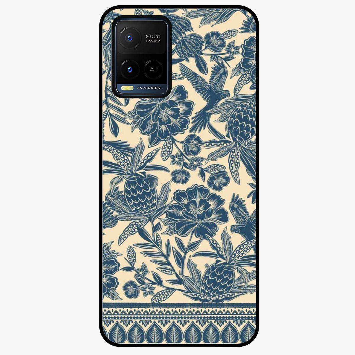 Heirloom Wild Bloom Glass Case showing flat back view with vintage inspired wild flower artwork and glossy glass finish.