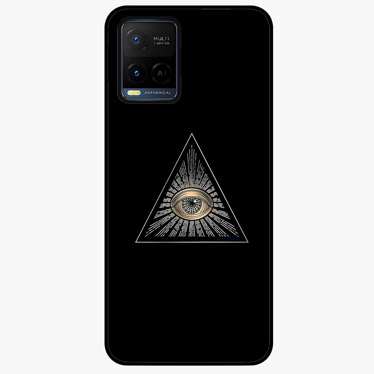 Illuminati Evil Glass Case showing flat back view with mysterious illuminati symbol artwork and glossy glass finish.
