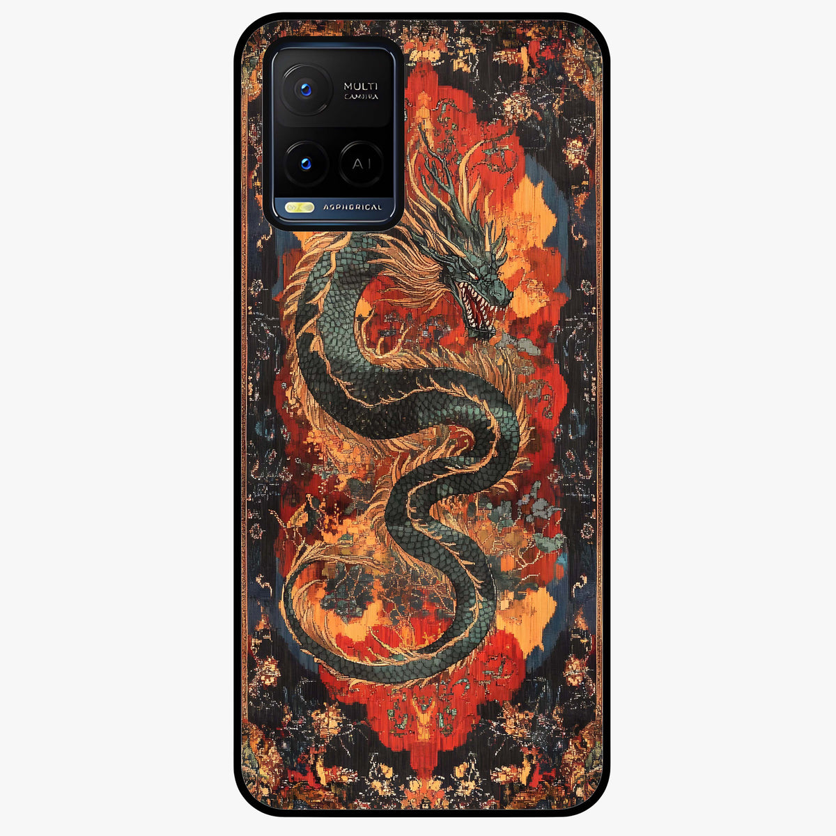 Inferno Dragon Soul Glass Case showing flat back view with fiery dragon artwork and glossy glass finish.