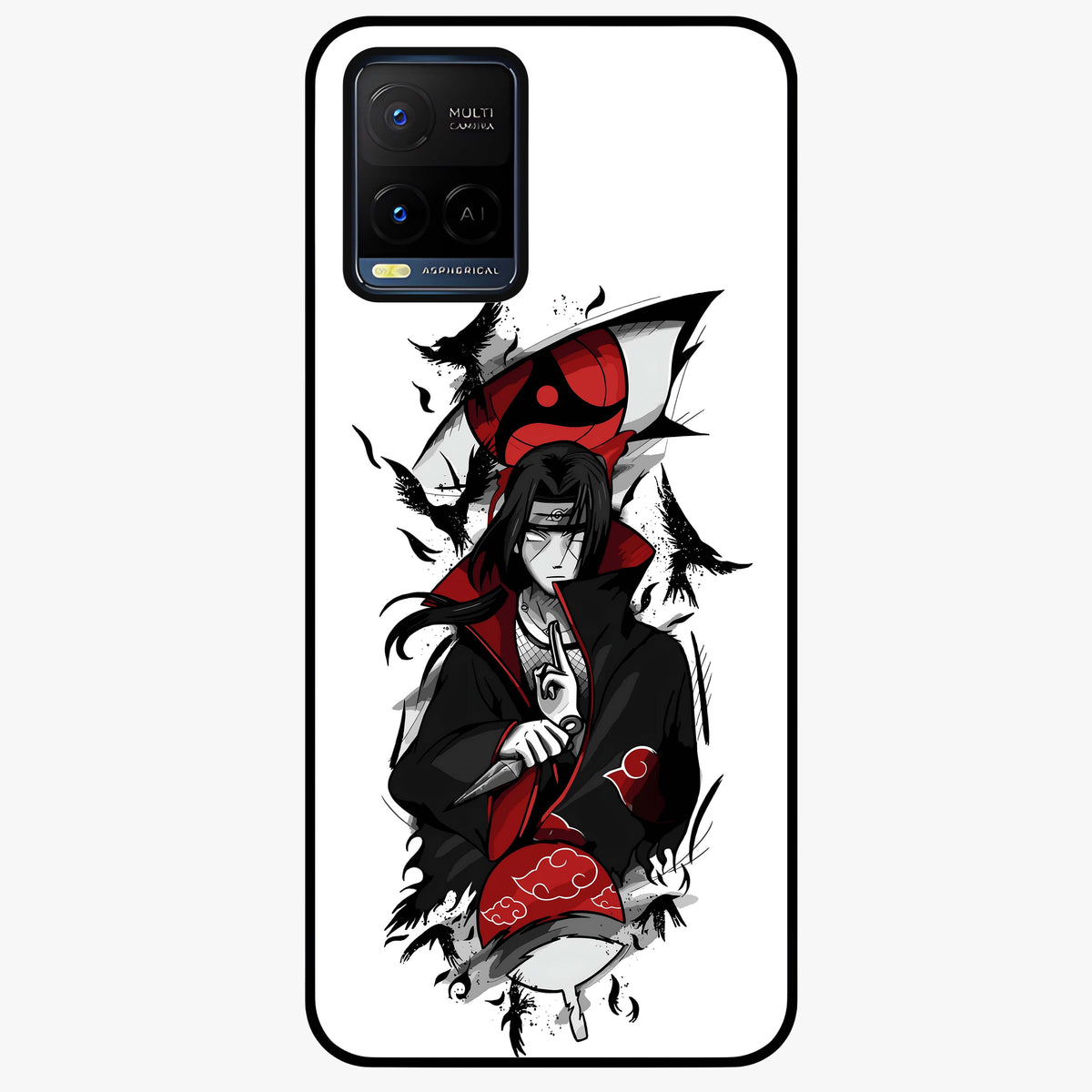 Itachi Sharingan Glass Case showing flat back view with powerful anime eye artwork and glossy glass finish.