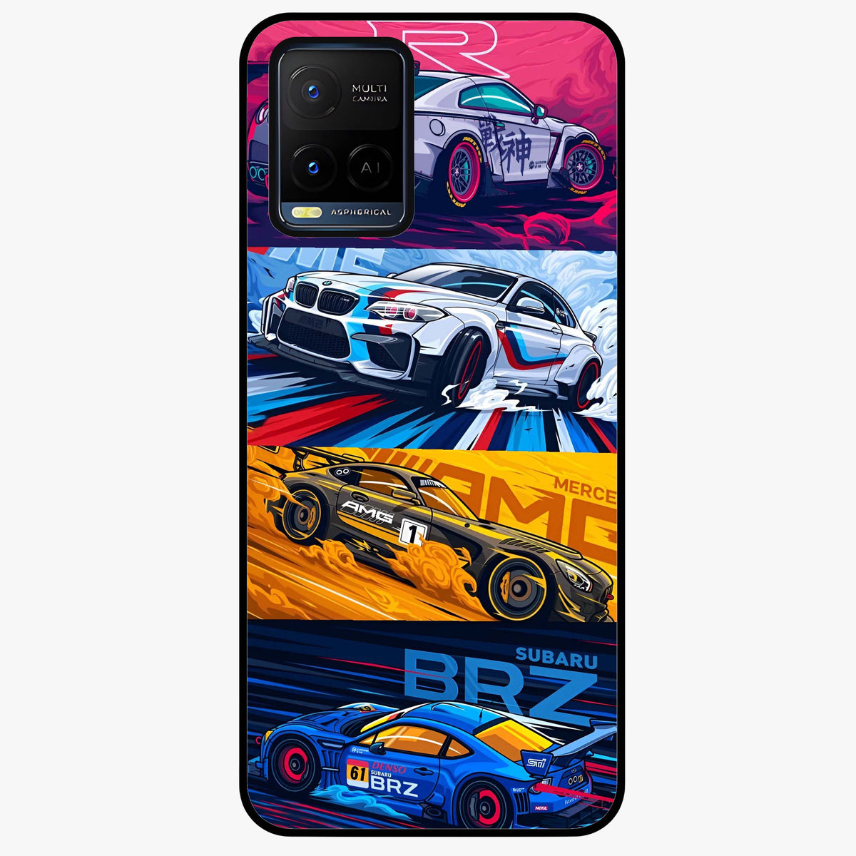 JDM Sports Car Glass Case showing flat back view with high performance sports car artwork and glossy glass finish.