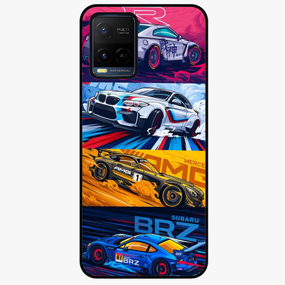 JDM Sports Car Glass Case showing flat back view with high performance sports car artwork and glossy glass finish.