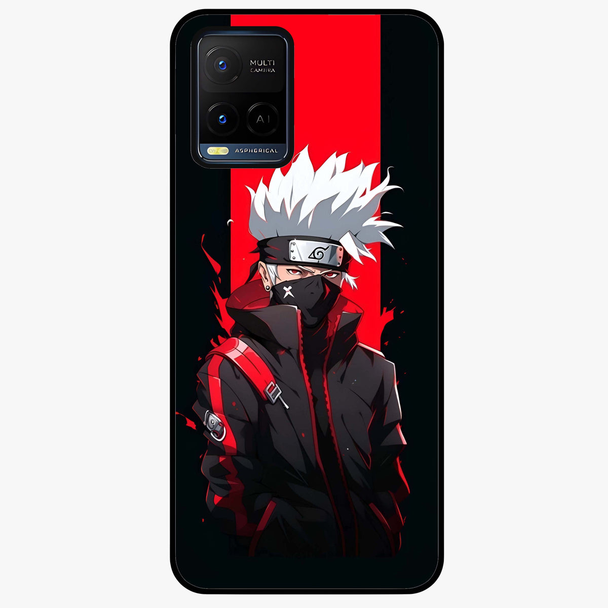Kakashi Scarlet Shadow Glass Case showing flat back view with powerful anime ninja artwork and glossy glass finish.