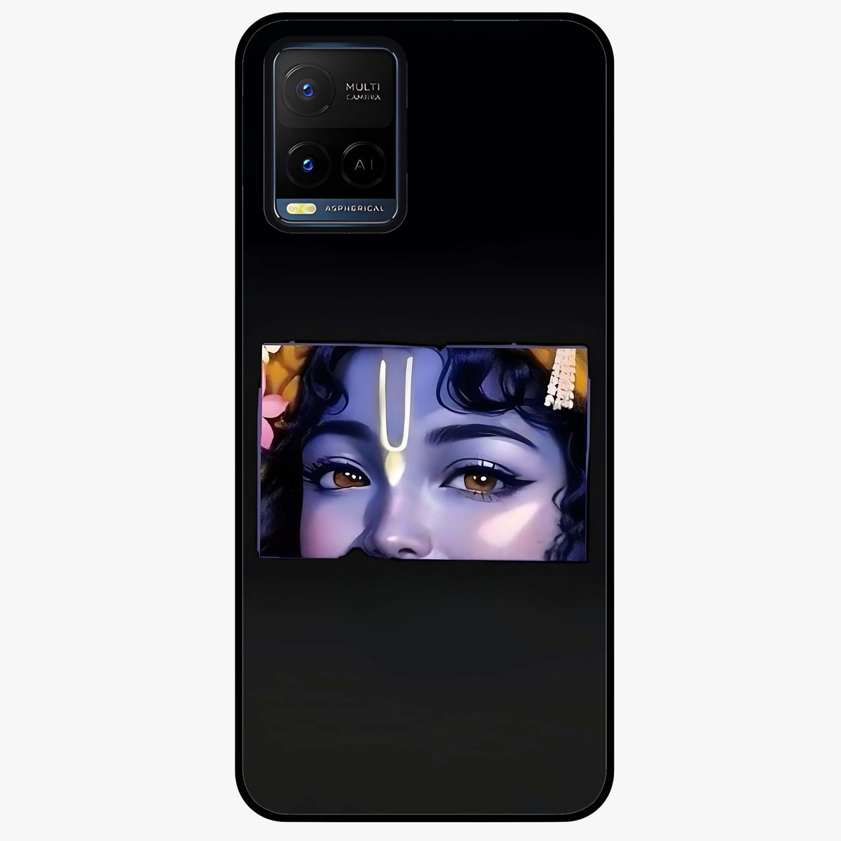 Krishna Divine Embrace Glass Case showing flat back view with Lord Krishna devotional artwork and glossy glass finish.
