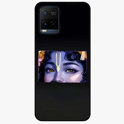Krishna Divine Embrace Glass Case showing flat back view with Lord Krishna devotional artwork and glossy glass finish.