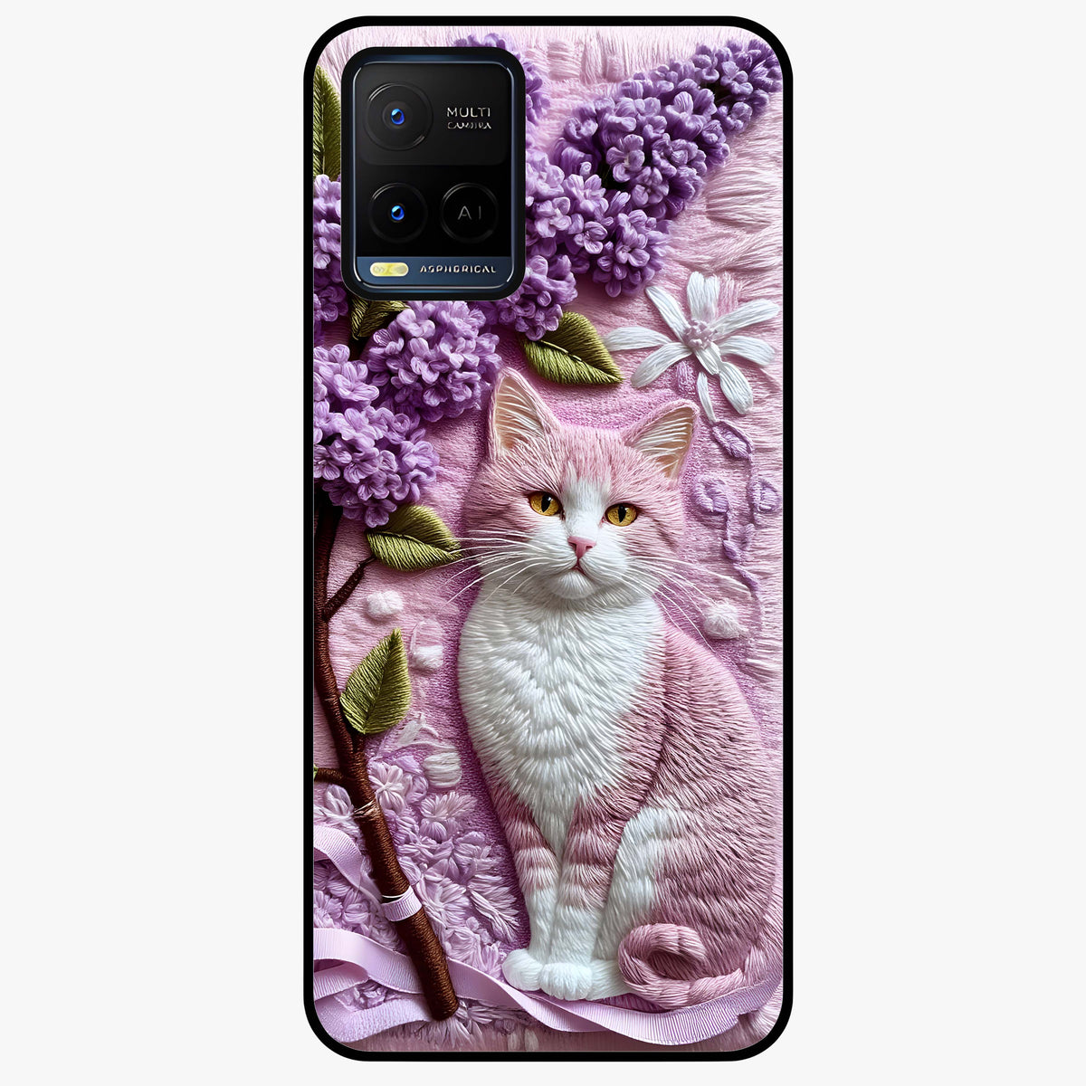 Lavender Cat Whimsy Glass Case showing flat back view with cute lavender cat artwork and glossy glass finish.
