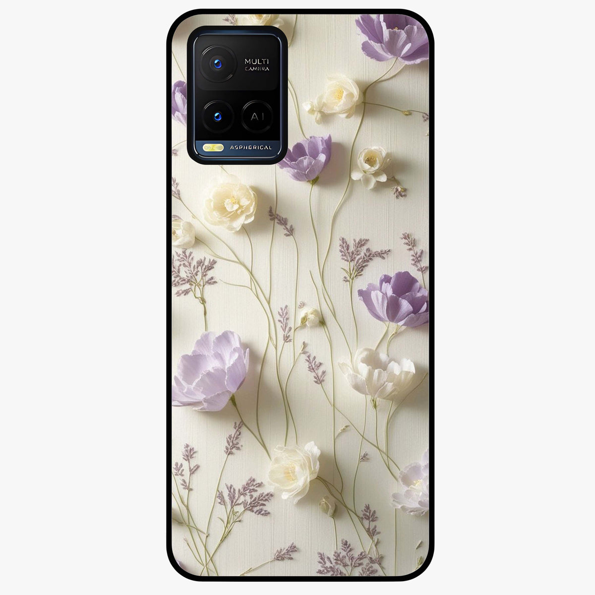 Lilac Breeze Harmony Glass Case showing flat back view with soft lilac themed artwork and glossy glass finish.