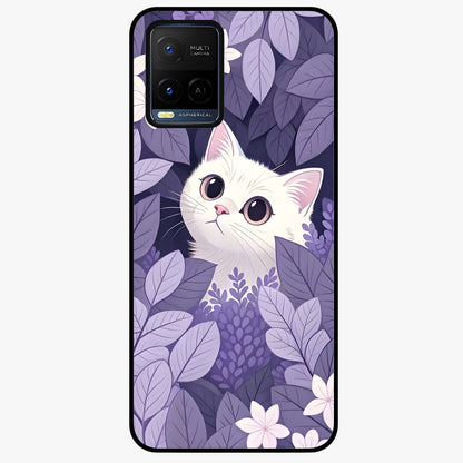 Lilac Hide Peek Cat Glass Case showing flat back view with cute peeking cat artwork and glossy glass finish.
