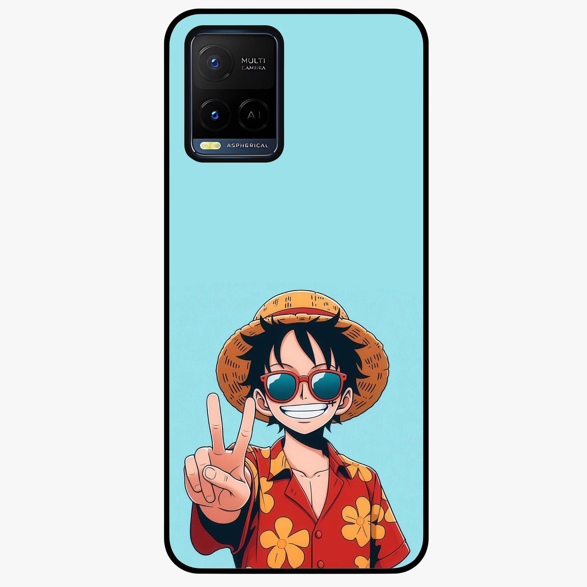 Luffy Summer Anime Vibe Glass Case showing flat back view with vibrant anime character artwork and glossy glass finish.