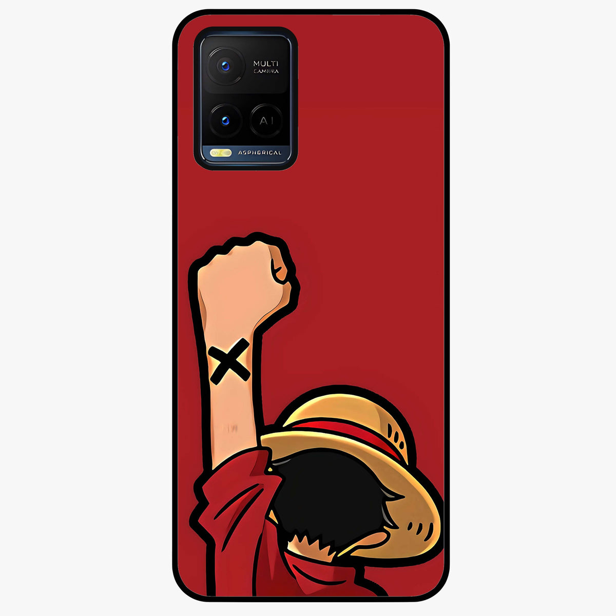 Luffy X Spirit Glass Case showing flat back view with bold anime character artwork and glossy glass finish.