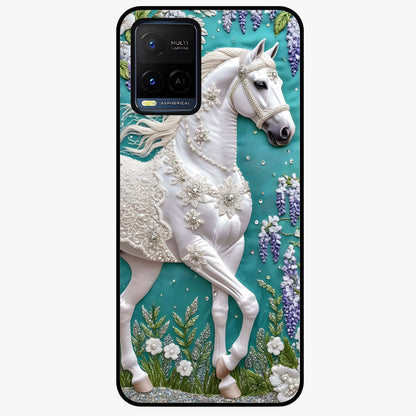 Majestic Floral Stallion Glass Case showing flat back view with powerful horse and floral artwork and glossy glass finish.