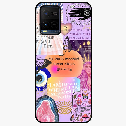 Manifestation Collage Glass Case showing flat back view with motivational collage artwork and glossy glass finish.