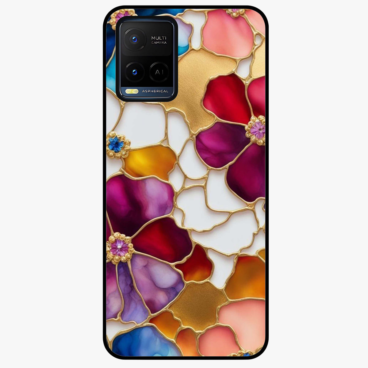 Marble Flower Pattern Glass Case showing flat back view with marble texture floral artwork and glossy glass finish.