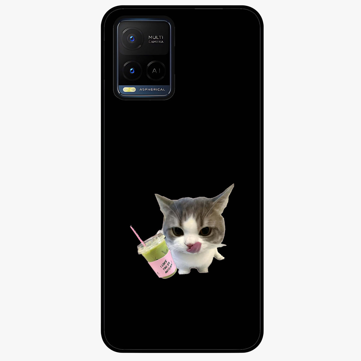Matcha Cat Style Glass Case showing flat back view with cute matcha themed cat artwork and glossy glass finish.