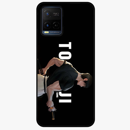 Midnight Blade Resolve Glass Case showing flat back view with dark warrior sword artwork and glossy glass finish.