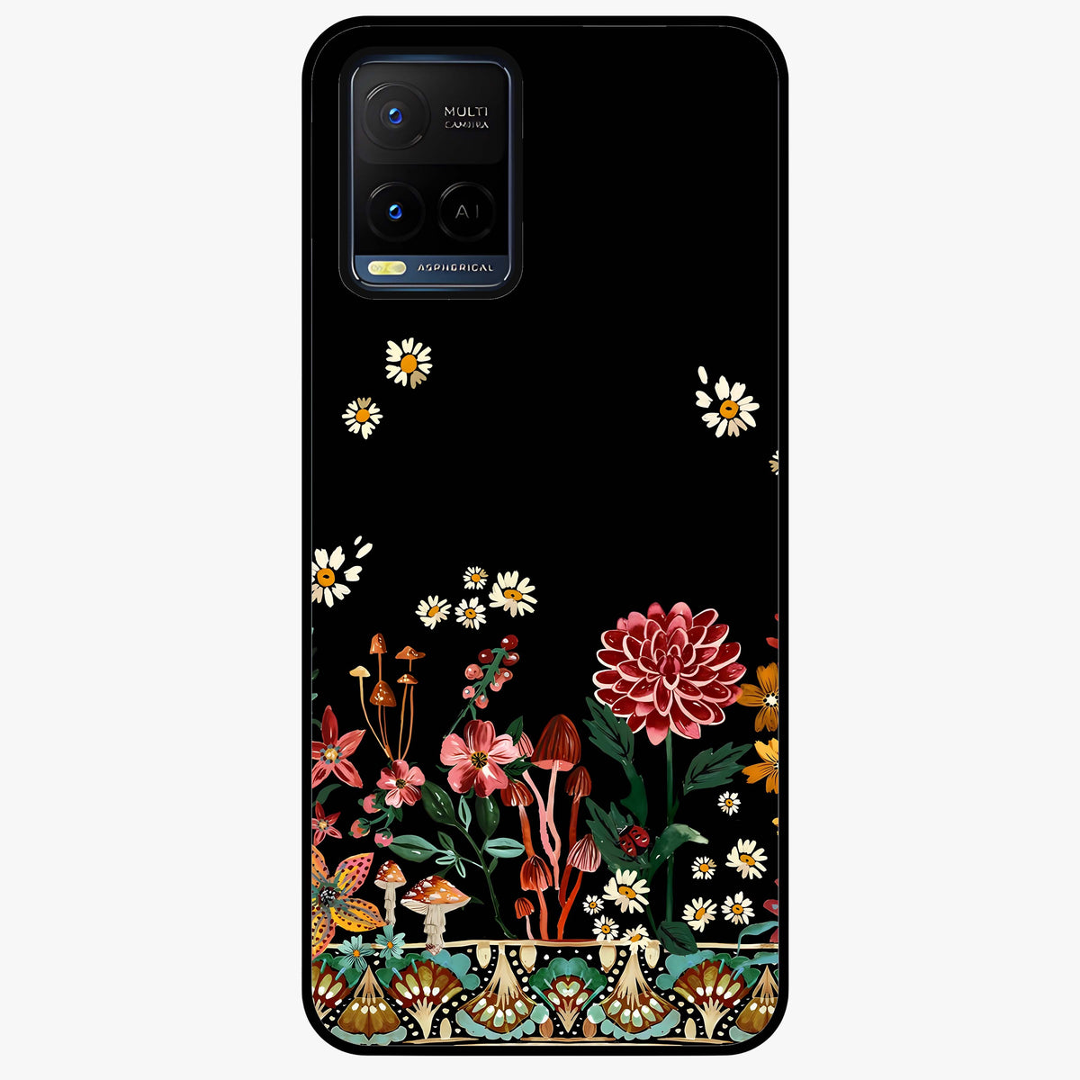 Midnight Bloom Pattern Glass Case showing flat back view with dark floral pattern artwork and glossy glass finish.