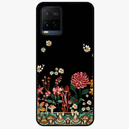 Midnight Bloom Pattern Glass Case showing flat back view with dark floral pattern artwork and glossy glass finish.