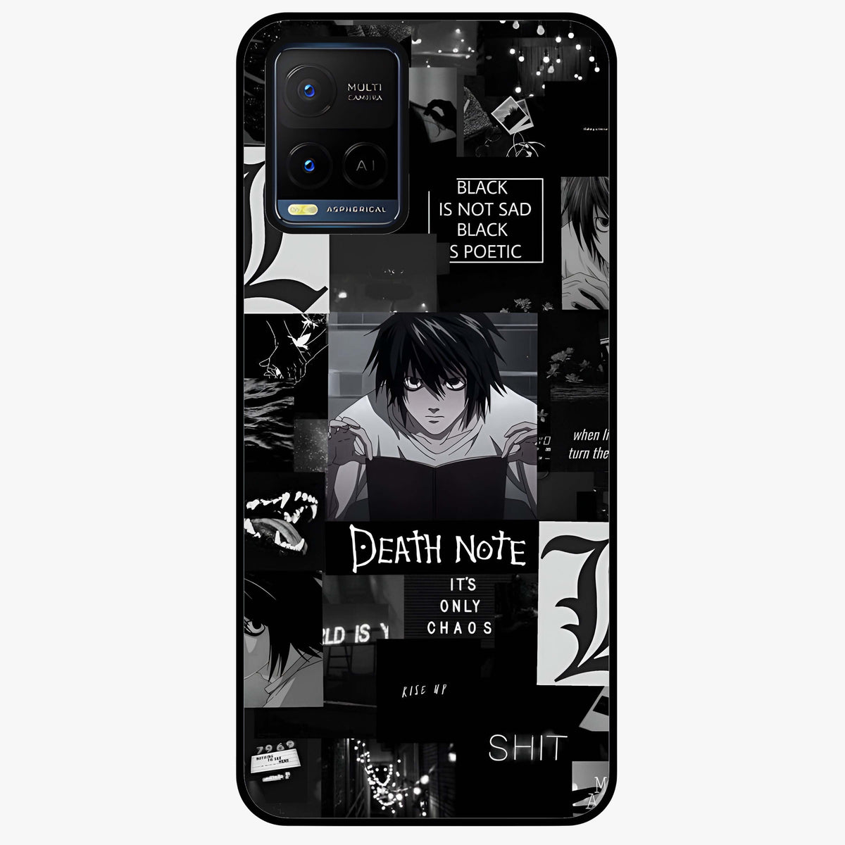 Midnight Chaos Mind Glass Case showing flat back view with abstract dark themed artwork and glossy glass finish.