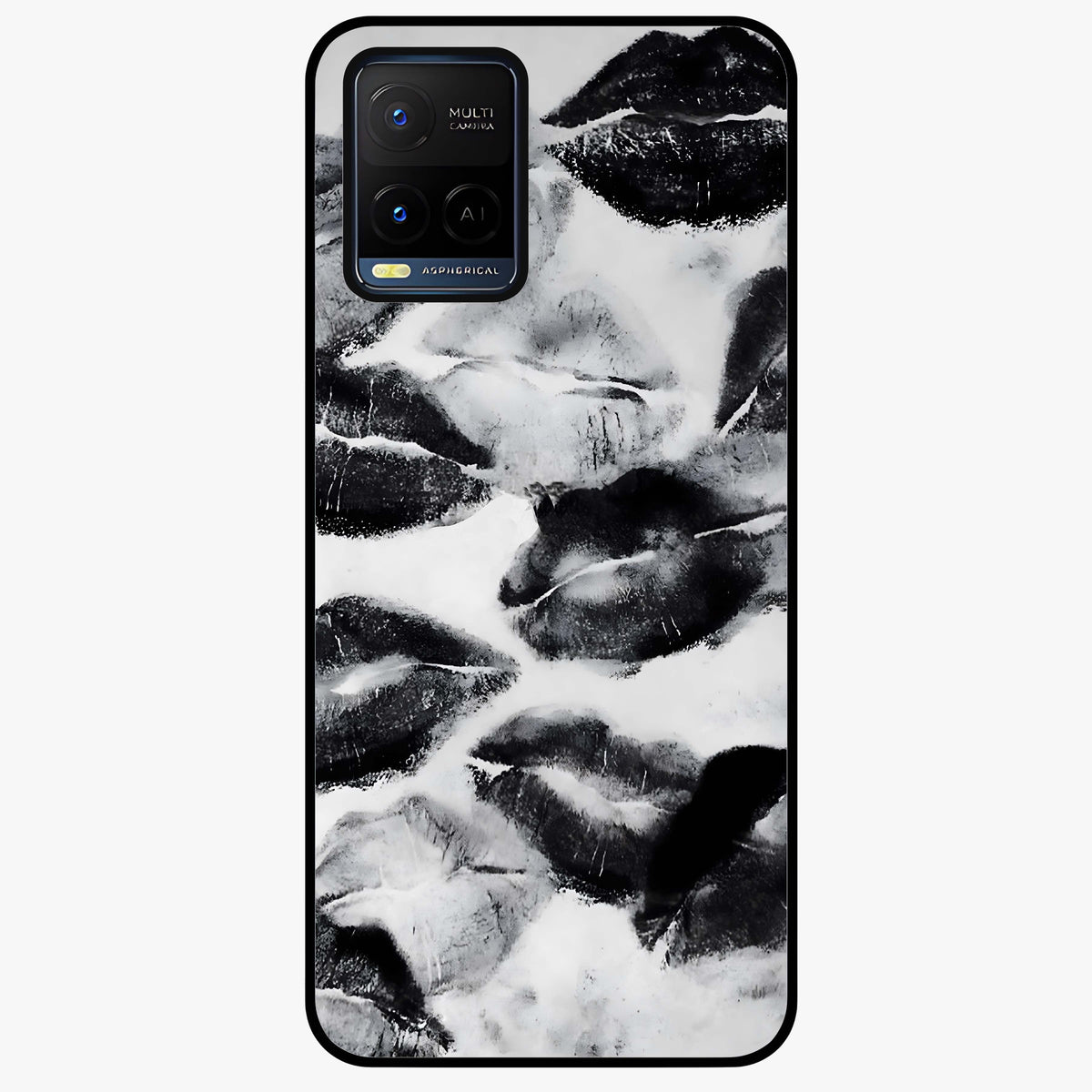 Midnight Kiss Marks Glass Case showing flat back view with lipstick kiss mark artwork and glossy glass finish.