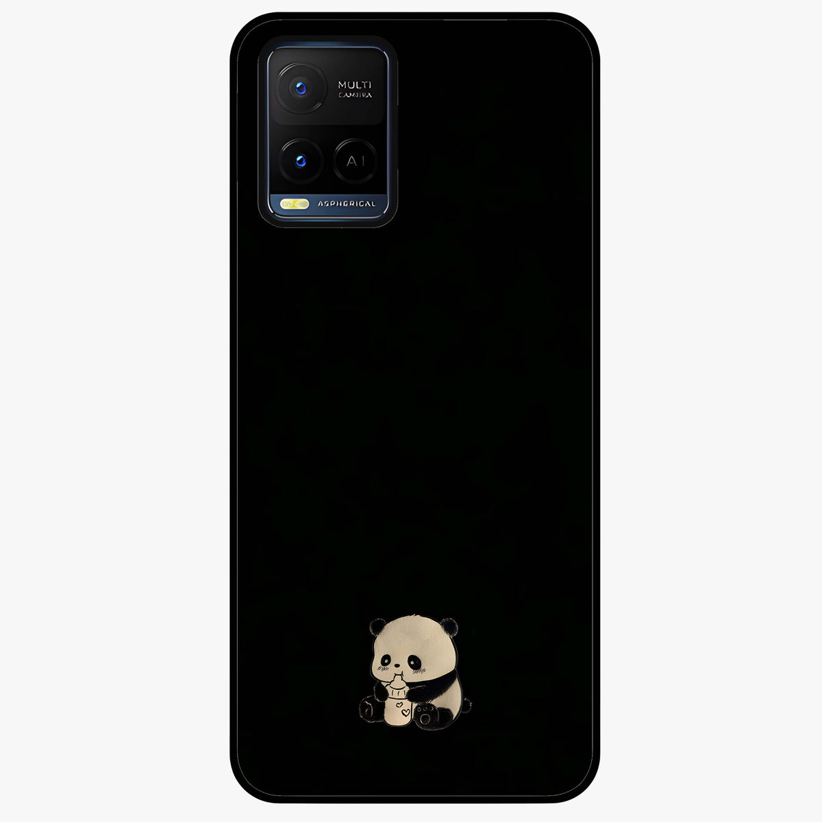 Midnight Panda Love Glass Case showing flat back view with cute panda themed artwork and glossy glass finish.