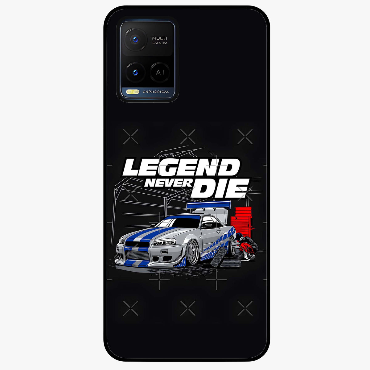 Midnight Racing Legacy Glass Case showing flat back view with sleek racing inspired artwork and glossy glass finish.