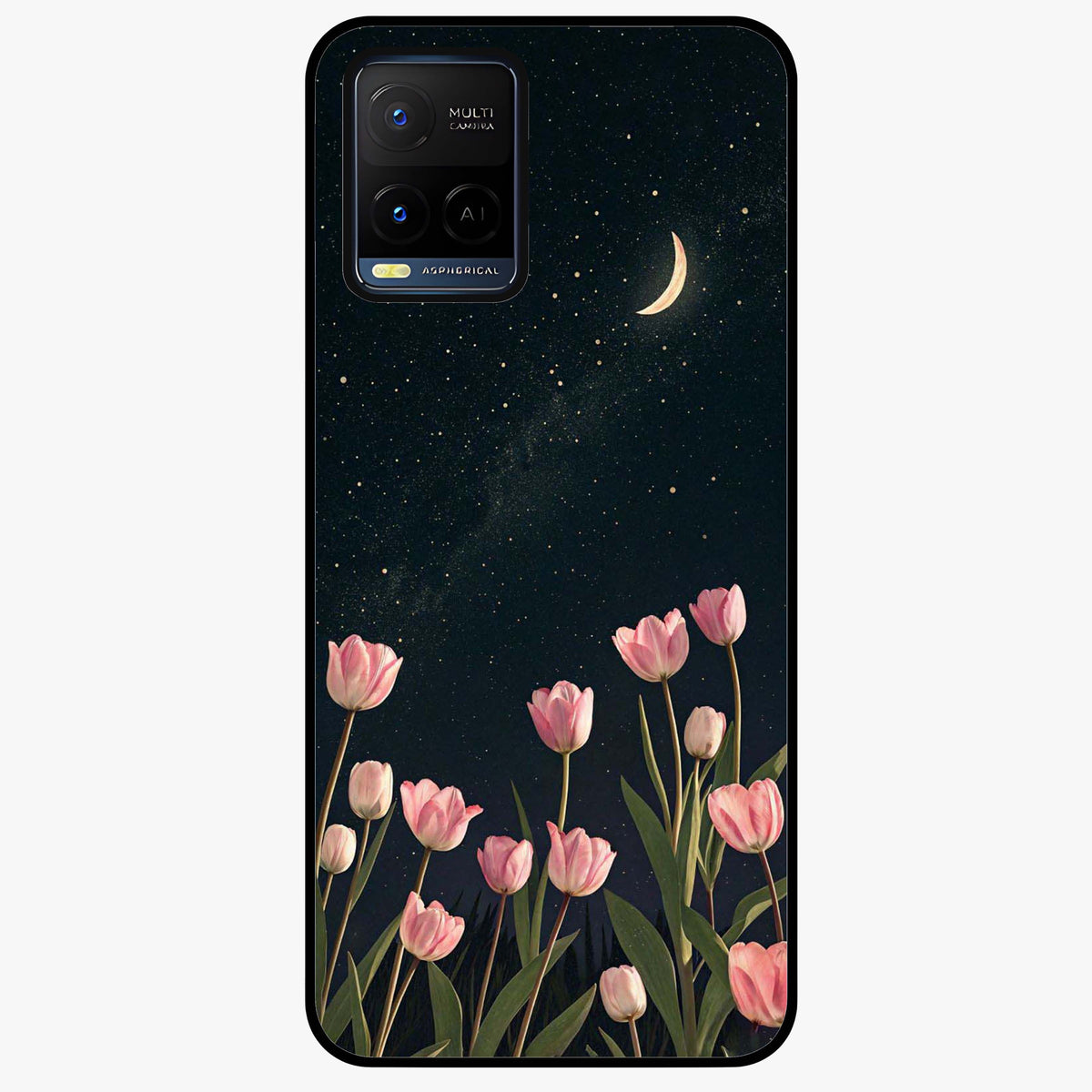 Midnight Tulip Whispers Vibe Glass Case showing flat back view with elegant tulip flower artwork and glossy glass finish.