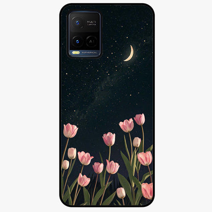 Midnight Tulip Whispers Vibe Glass Case showing flat back view with elegant tulip flower artwork and glossy glass finish.