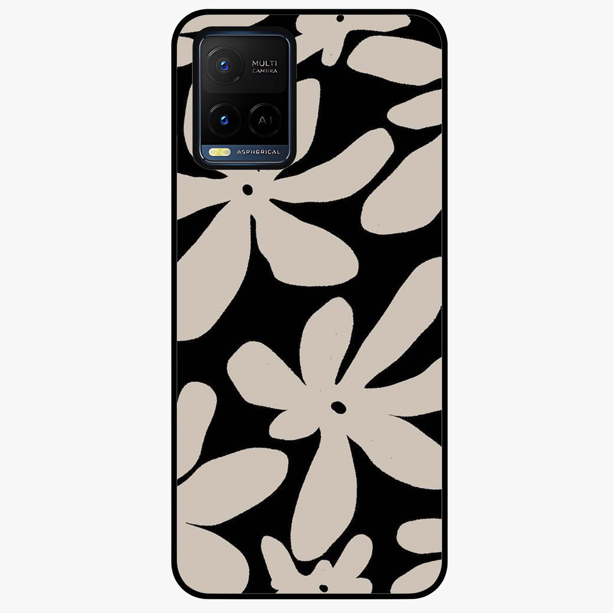 Monochrome Petal Dance Glass Case showing flat back view with monochrome floral artwork and glossy glass finish.