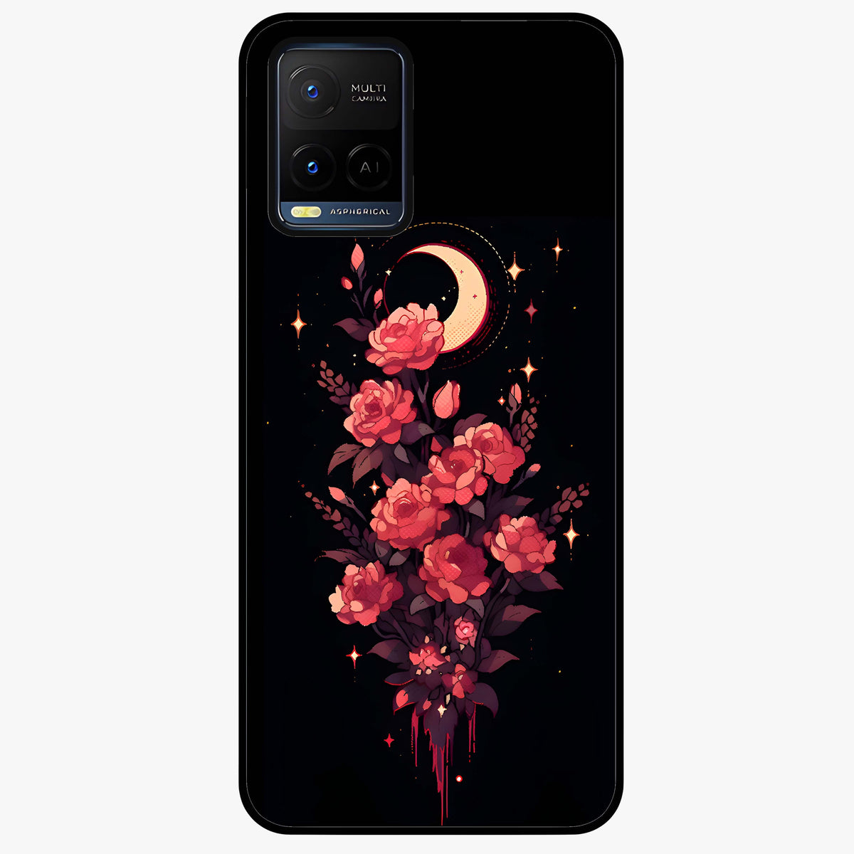 Moonlit Floral Elegance Glass Case showing flat back view with elegant floral artwork under moonlit tones and glossy glass finish.