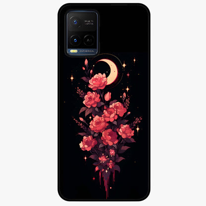 Moonlit Floral Elegance Glass Case showing flat back view with elegant floral artwork under moonlit tones and glossy glass finish.