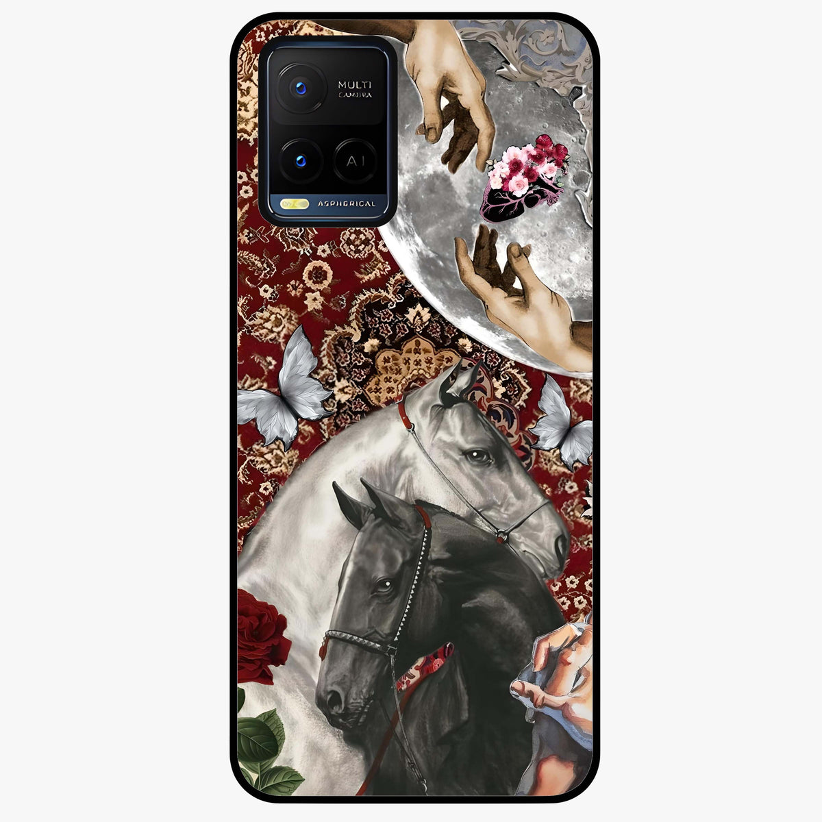 Moonlit Royal Stallion Glass Case showing flat back view with majestic horse under moonlight artwork and glossy glass finish.