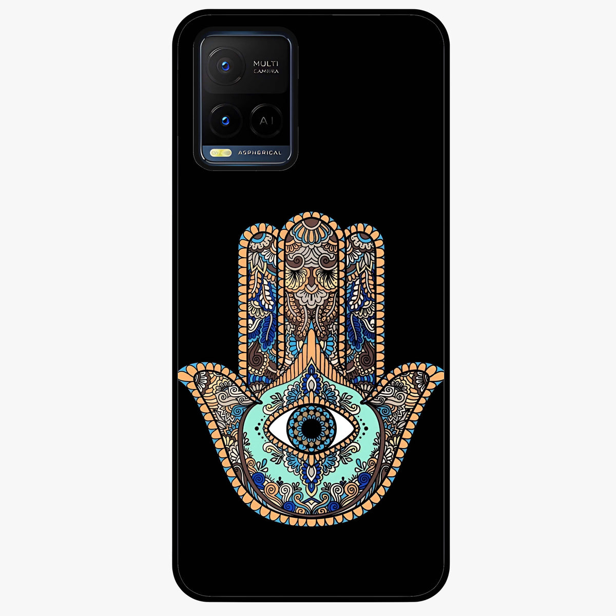 Mystic Hamsa Eye Glass Case showing flat back view with protective hamsa hand and evil eye artwork and glossy glass finish.