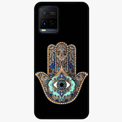 Mystic Hamsa Eye Glass Case showing flat back view with protective hamsa hand and evil eye artwork and glossy glass finish.