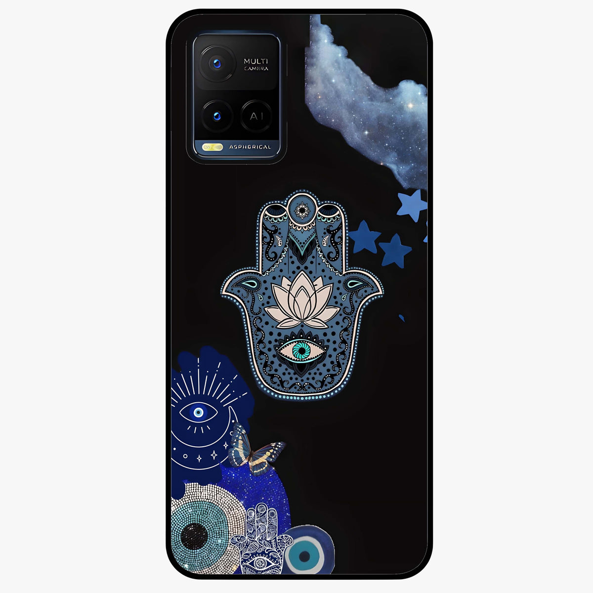 Mystic Hand Aura Glass Case showing flat back view with mystical hand symbol artwork and glossy glass finish.