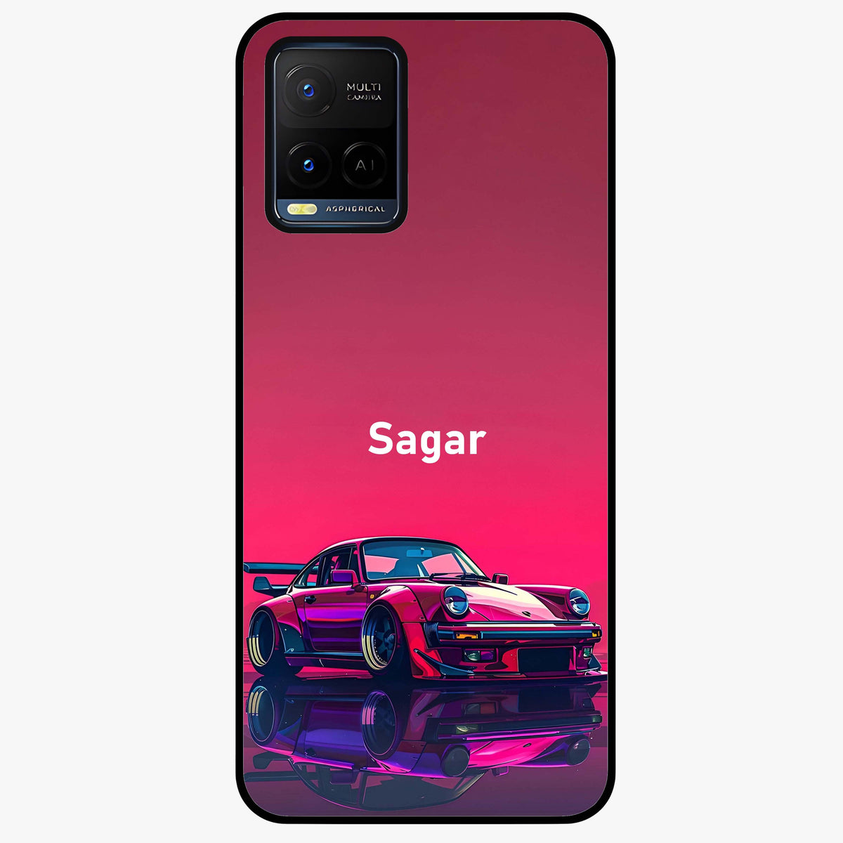 Neon Pink Porsche Glass Case showing flat back view with stylish sports car artwork and glossy glass finish.